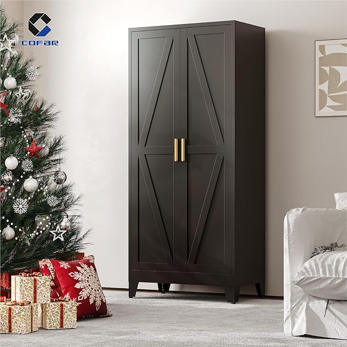 COFaR Metal Wardrobe Closet, 71'' Tall Steel Bedroom Armoire with Adjustable Hanging Rod and Shelves, Broom Closet Storage Cabinet for Garage Laundry Office, Farmhouse Black