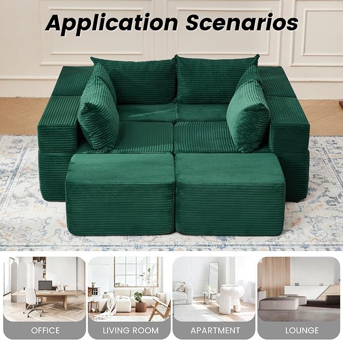 HOMREST 131" Cloud Couch Sectional, U Shaped Modern Sofa with 2 Ottomans, Comfy Corduroy Fabric Modular Sectional Sofa in a Box, Boneless Couches for Living Room, No Assembly Required (Green)