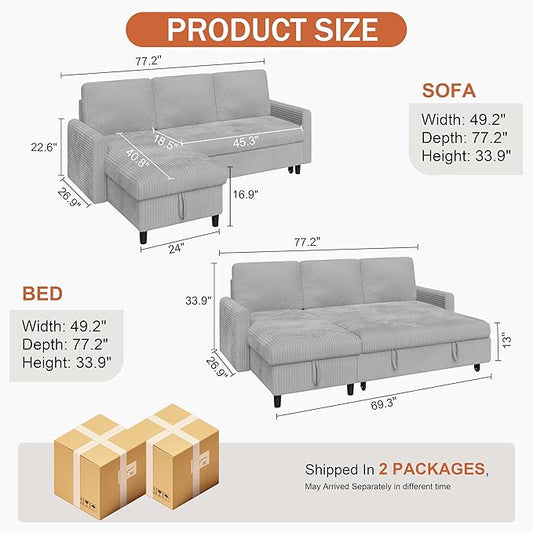 Vongrasig Pull Out Couch, 2 in 1 Small Sofa Bed Sleeper Sofa with Storage, 77" L Shaped Convertible Sofa with Storage Chaise for Living Room, Apartment, Light Grey