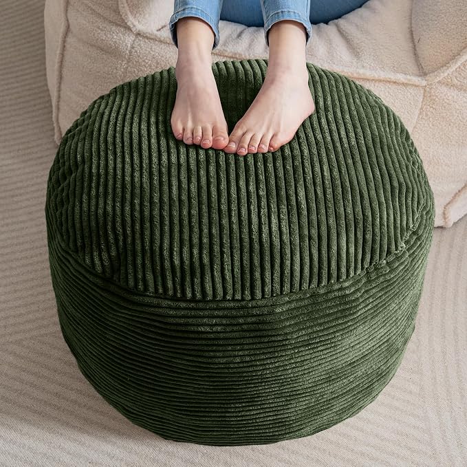 HIGOGOGO Round Stuffed Pouf Ottoman, Corduroy Poufs with Foam Chunk Filling, Furry and Fluffy Pouf Foot Stool Storage Ottoman, 26 X 18 Floor Poufs Foot Rest for Living Room, Dark Green