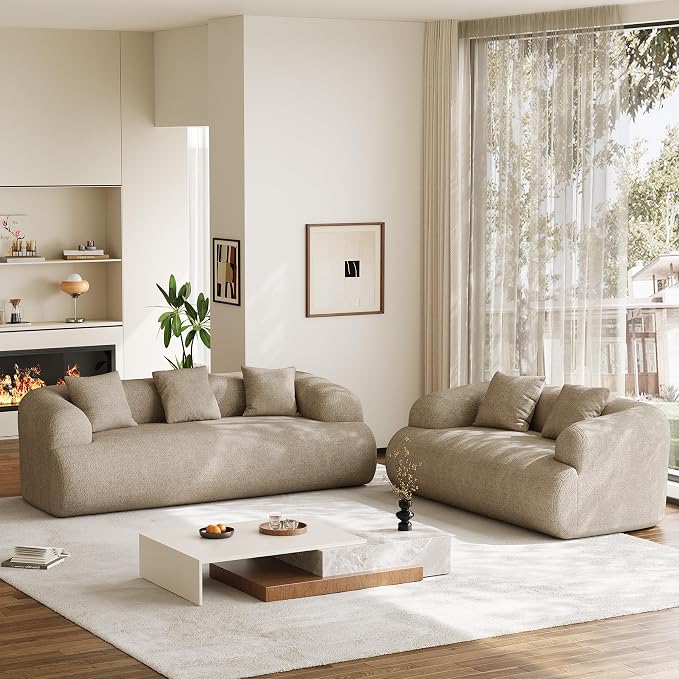 Boneless Couch Set, 91" + 75'' Cloud Couch Set, Chenille Curved Sofa, Modern Compression Sofa for Living Room, Bedroom and Apartment, No Assembly Required, Light Brown