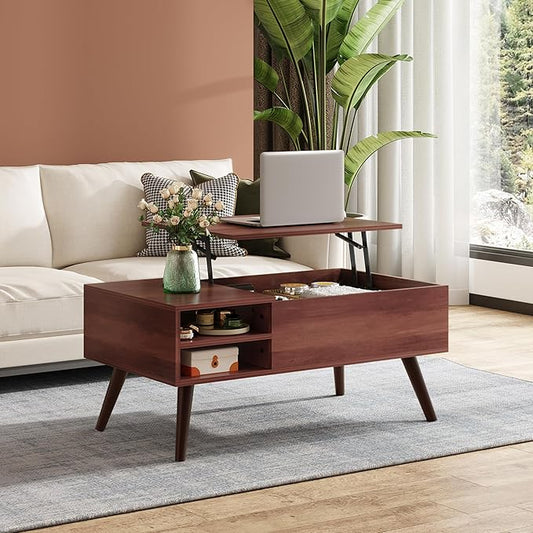 WLIVE Lift Top Coffee Table for Living Room,Small Coffee Table with Storage,Hidden Compartment and Adjustable Shelf,Mid Century Modern, Wood,Cherry,Espresso.