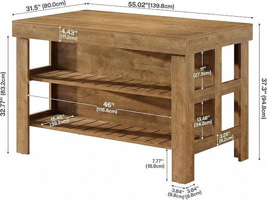 Tribesigns 55.1-Inch Kitchen Island with Seating and Storage, 3-Tier Large Farmhouse Island Table with Large Countertop and Leg Room for Kitchen Dining Room (Rustic Brown)