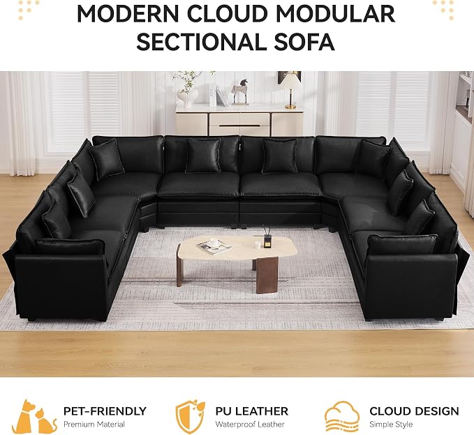 147'' Oversized U Shaped Cloud Sectional Sofa, Leather Deep Seat Couches for Living Room, Comfy Upholstered Modular Sectional Sofa Couch, Leather Black