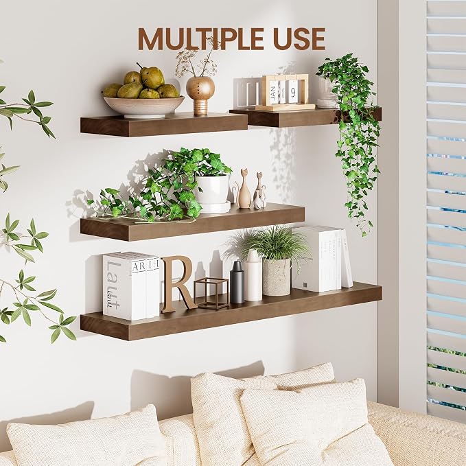 Heimlove Solid Wood Floating Shelves 36 inch, 8 Inch Deep Display Shelves Set of 2, Wall Mounted Floating Shelf with Invisible Brackets for Bathroom Bedroom Kitchen Living Room - American Walnut