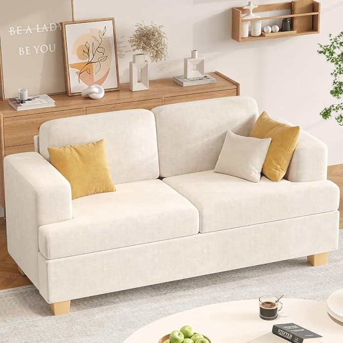 Apicizon 63" Loveseat Sofa Couch, Cloud Couch Lounge Sofa with 2 Cushion for Bedroom, Chenille Lounge Sofa for Living Room Aparment, Beige