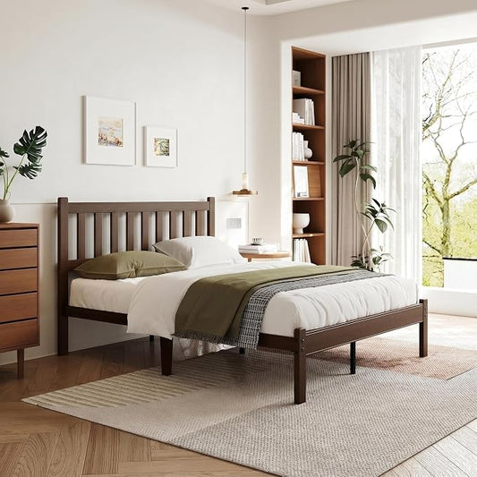 Askeld Bamboo Queen Bed Frame with Headboard, 14 Inch High Wood Platform Bed No Box Spring Needed, Modern Minimalist Heavy Duty Bedframe, Easy Assembly, Noise Free, Walnut Color