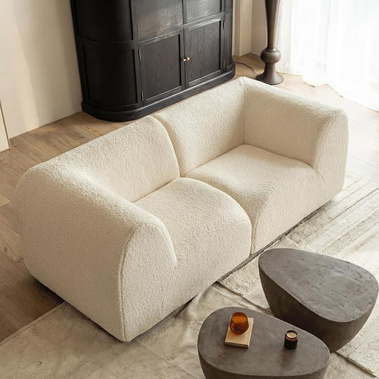 38" Curved Single Sofa Corner Chair, Boneless Sherpa Couch with Deep Seat, Comfy Teddy Sofas for Living Room, Bedroom, Apartment, Modern Sectional Modular Couches – No Assembly, White