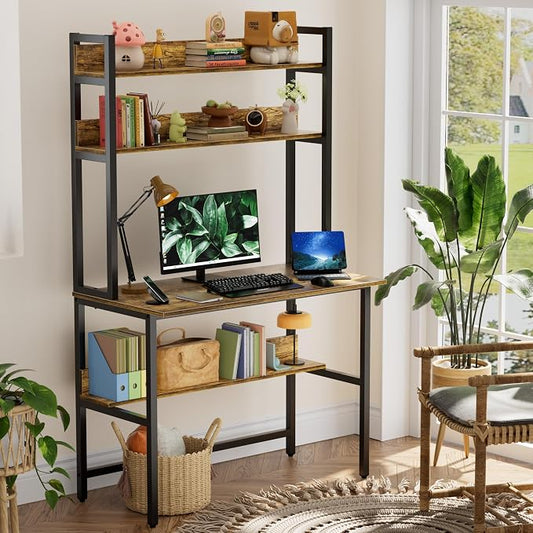 Aquzee Computer Desk with Hutch, 40“W x 19.6" D Desk with Shelves, Tall Home Office Desk with Bookshelf, Metal Legs Study Table with Upper Storage Shelf for Study Writing/Workstation, Brown