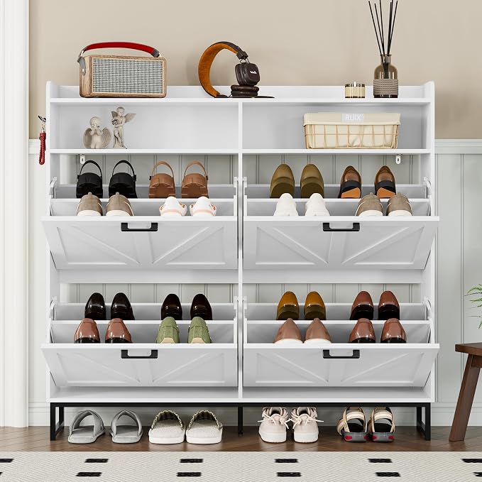 BORNOON Shoe Cabinet with 4 Flip Drawers Narrow Shoe Storage Cabinet Organizer Wooden Freestanding Shoe Rack Hidden Slim Shoes Storage Cabinet for Entryway, Hallway, Living Room, Bedroom