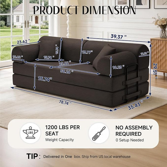 79'' Convertible Sofa Bed, 6 in 1 Folding Floor Futon Couch Sleeper with Fixed Frame, Corduroy Modular Sofa Bed with Removable Armrests & Pillows, No Assembly for Living Room Bedroom (Brown)