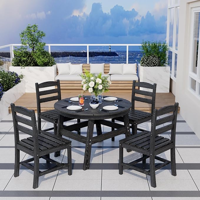 Pamapic 5 PCS Round Outdoor Dining Set, Wood Grain HDPE Outdoor Table and Chairs with 105° Ergonomic Backrest, Durable Patio Dining Table with Umbrella Hole, Black