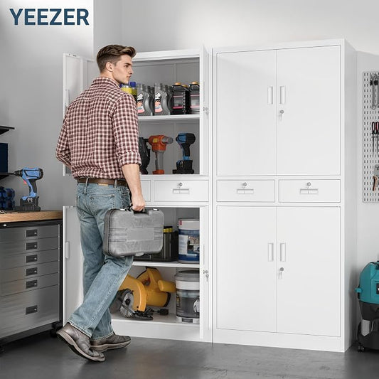 71" H Tall Metal Storage Cabinet with 2 Drawers, Metal Garage Storage Cabinet with Lock and 2 Adjustable Shelves for Home, Office, Garage, Warehouse Organize, White