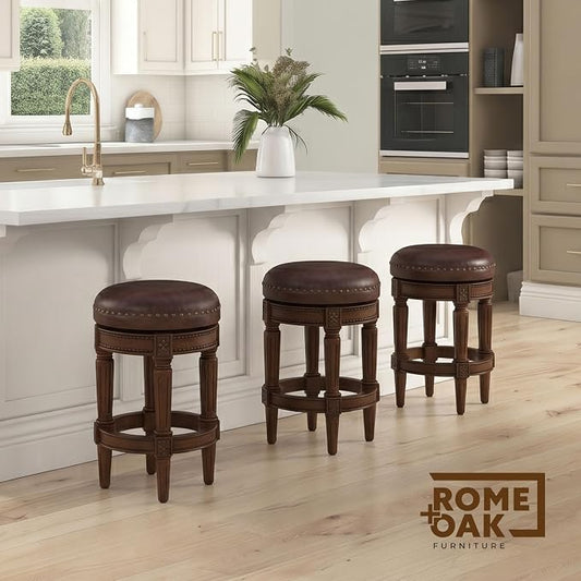 ROME + OAK Runyan 26" Swivel Counter Stool, Rotating Backless Barstool in Walnut with Brown Vegan Leather Seat - for Kitchens or Dining Rooms