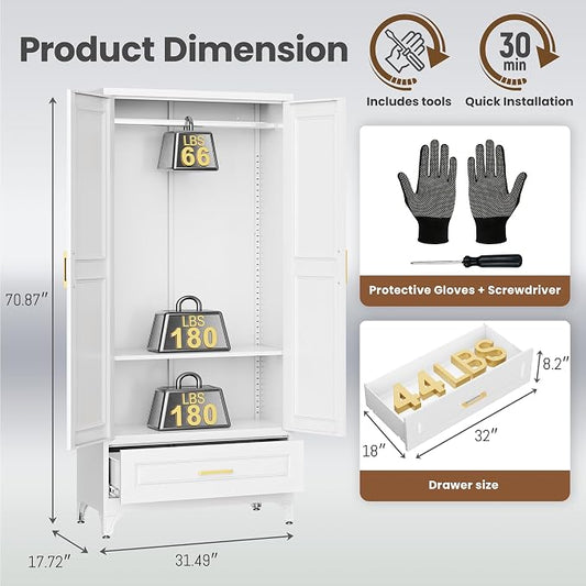 Metal Wardrobe Cabinets with Drawers,Black Armoire Wardrobe Closet with Hanging Rod,Clothes Storage Cabinet with Adjustable Shelves and Doors,Clothing Cabinet for Bedroom,Laundry Room