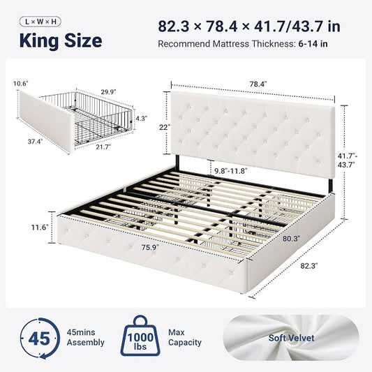 Allewie Upholstered King Size Platform Bed Frame with 4 Storage Drawers and Adjustable Headboard, Diamond Button Tufted, Wooden Slats Support, Noise-Free, No Box Spring Needed, Easy Assembly, White