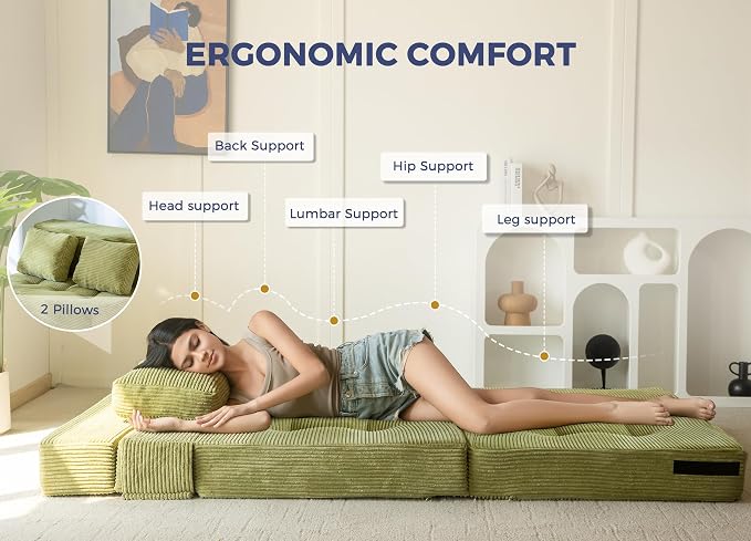 MAXYOYO Convertible Sofa Bed, Fold Out Loveseat Sofa Couch with Pillow, 4 in 1 Tufted Folding Couch Bed Foam Floor Couch, Lazy Chair for Living Room Bedroom Guest Room, Green