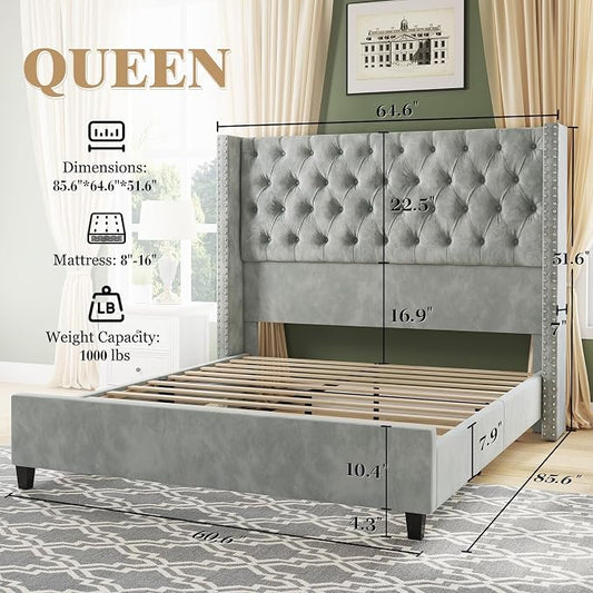 Jocisland Queen Size Bed Frame with 51.6” Wingback Tufted Velvet Headboard, Modern Upholstered Platform Bed, No Box Spring Needed, Easy Assembly, Light Grey