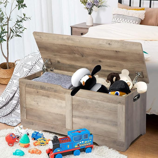Timberer 39.4" Storage Chest, Wooden Storage Bench, Lift Top Toy Chest with 2 Safety Hinges, Large Toy Box, Entryway Bench for Living Room, Bedroom, Grey