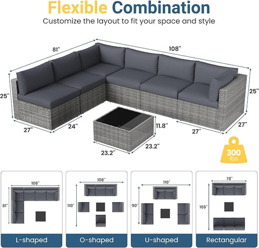 Wisteria Lane 7 Pieces Outdoor Patio Furniture Set, Wicker Outdoor Patio Sectional Sofas with Coffee Table, All-Weather Patio Conversation Set for Garden Backyard, Grey