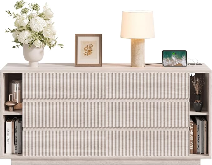 Whalefall 63 Inch Fluted 6 Drawers Dresser with Shelves, White Alder | Large Chest of Drawers for Bedroom, Mid Century Modern, Wood Closet Storage Organizer, Pedestal TV Stand for Living Room