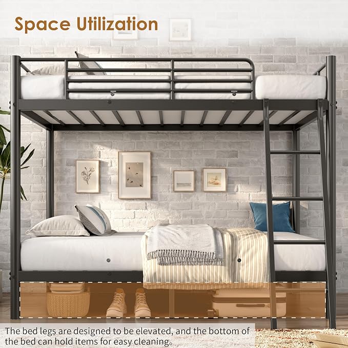 SDHYL Twin Over Twin Bunk Bed with Stairs, Heavy Duty Metal Bunk Beds for Teens Adults, Space Saving Design, No Box Spring Needed, Furniture for Bedroom, Black