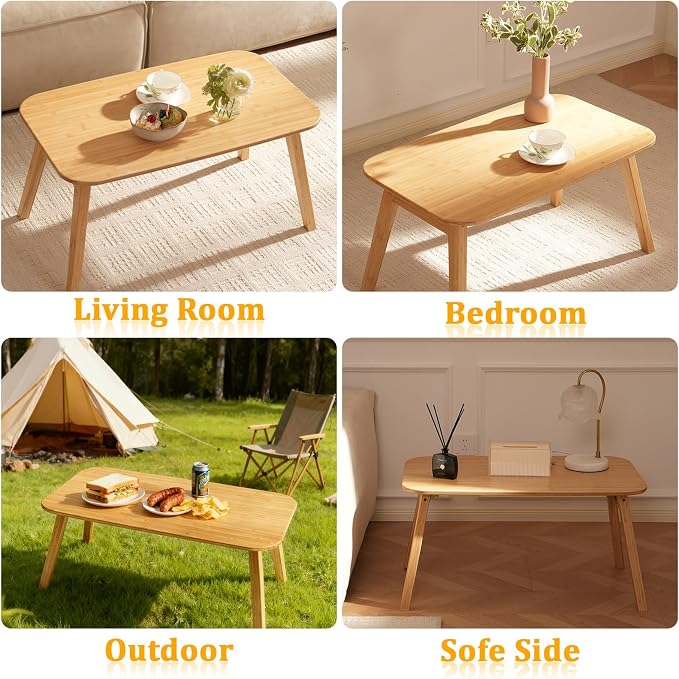 Baveke Folding Coffee Table- Foldable Floor Tables, Mid Century Coffee Table for Living Room, Small Coffee Tables Solid Wood Japanese Low Table for Sitting on Floor, No Assembly, 31.5''-Natural