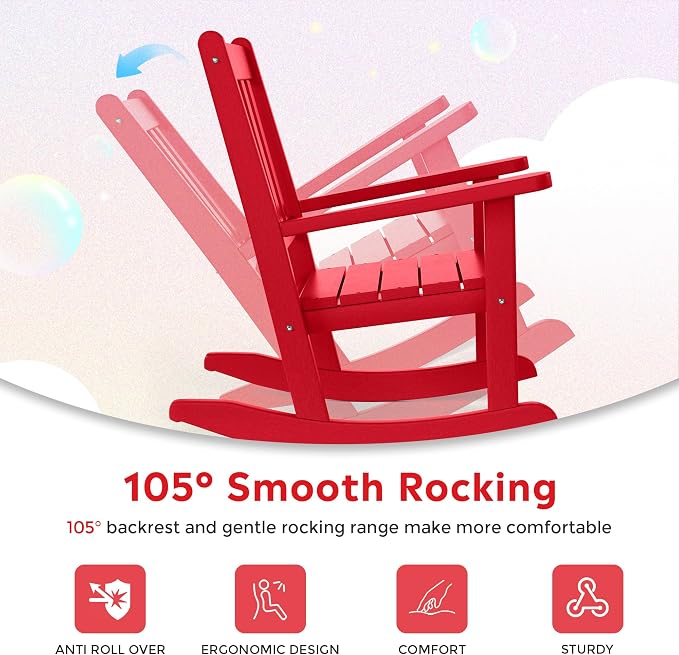 Costaelm Paradise Kids 3-Piece Outdoor HDPE Plastic Square Side Table and Rocking Chairs Set, Red