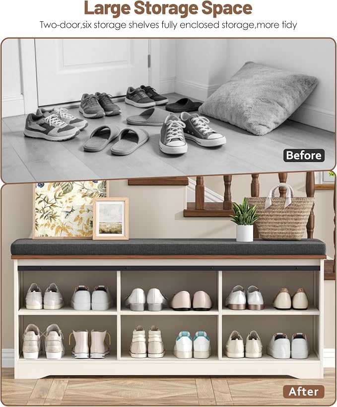 Farmhouse Storage Bench with Cushion, 47.2" Shoe Bench with Slide Barn Doors and Adjustable Shelves, Entryway Bench with Storage for Bedroom, Closet, Living Room, Hallway, White