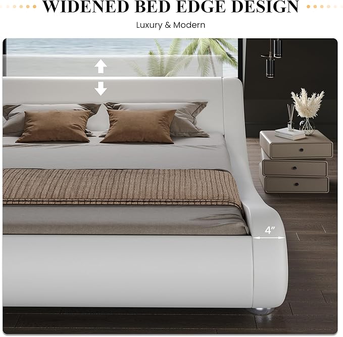SHA CERLIN Full Size Upholstered Bed Frame, Deluxe Low Profile Sleigh Bed with Faux Leather Ergonomics Headboard, No Box Spring Needed & Easy Assembly, White