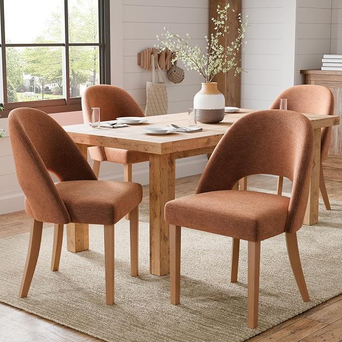 Wooden Dining Chairs Set of 6, Upholstered Modern Chenille Dining Room Chair Kitchen Chairs, Comfy Farmhouse Dinner Chair for Kitchen Dining Room, Orange