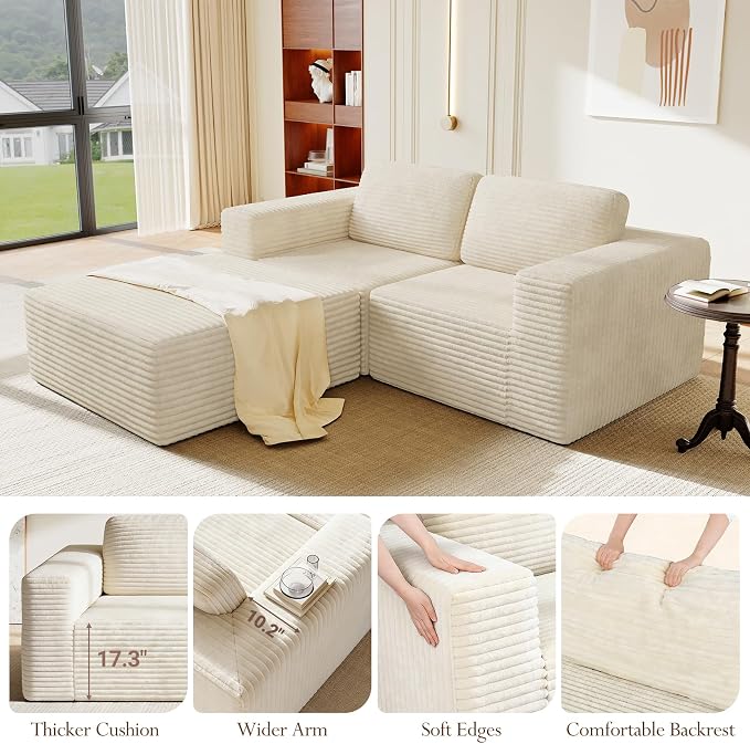 Vesgantti 80" Modular Sectional Sofa, Corduroy Cloud Couch with Deep Seats & Spring Support, Compact 2 Seater Boneless Couch, L-Shaped Modular Sofa for Small Spaces, Apartments, No Assembly, Beige