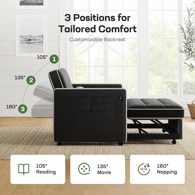 Marsail 3-in-1 Convertible Futon Sleeper Sofa Bed, Pull Out Couch with Adjustable Backrest, USB Charging & Side Pockets, Velvet Fabric Sofa for Living Room, Apartment, Loveseat, Black