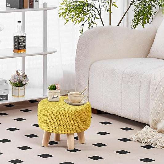 Wimarsbon Small Ottomans, 100% Hand Knitted Pouf, Round Footrest with 4 Non-Skid Wood Legs, Boho Décor Cotton Rope Pouffe Beside Sofa, Leisure Floor Step Chair for Living Room (Yellow)