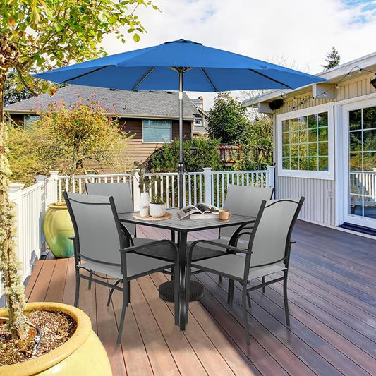 SUNCROWN 6 - Piece Outdoor Dining Set, Patio Furniture Set with 4 Textilene Dinning Chairs, 1 Steel Slat Metal Bistro Table and 1 Dark Blue 9Ft Patio Umbrella for Lawn Garden Backyard Deck, Grey