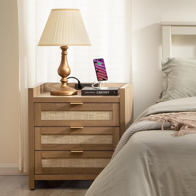 SICOTAS Larger Rattan Night Stand - Tall Nightstands with Type-C Charging Station, 3 Storage Drawers, Boho Bedside Table End Table with Storage for Bedroom Sofa Couch Office - Natural Oak