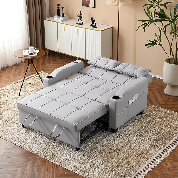 VINGLI Convertible Loveseat Sleeper Sofa, Light Grey Faux Leather Futon Sofa Bed Pullout Couch Bed with USB Ports, Cup Holders, Armrest for Living Room, Bedroom, Home Office Apartment