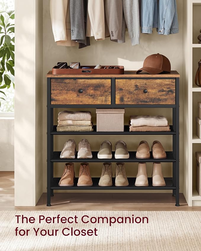 VASAGLE Shoe Rack, 4 Tier Shoe Storage Rack with 2 Fabric Drawers, Shoe Organizer for Entryway, with 3 Fabric Shelves and Wooden Top, Steel Frame, Modern Basic, Rustic Brown ULBS235KD01
