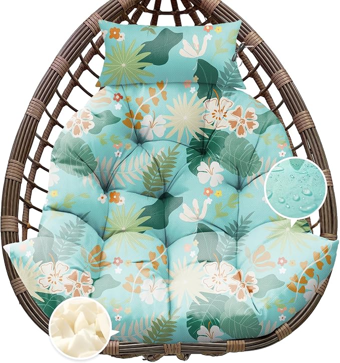 Outdoor Hanging Egg Chair Cushion Replacement, Extra Large Waterproof Egg Swing Cushions with Headrest Pillow and Ties, U-Shaped Thickened Cushion for Hanging Eggs Chair (Cyan Floral Leaf)