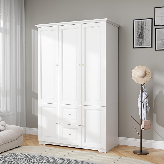 White Wardrobe with 2 Drawers: 74" Large Wardrobe Closet for Hanging Clothes, Tall Armoire Closet with 3 Doors, Bedroom Armoires with Hanging Rod (47")
