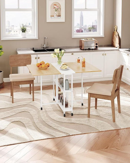 CHOEZON Folding Dining Table, Movable Dining Table, Kitchen Table for Small Space, Foldable and Expandable Desk Furniture with 6 Wheels, for Dining, Living Room, Apartment, White and Natural TCZ01WN