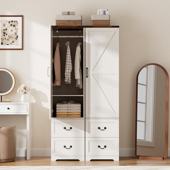 Vabches 71” Tall Farmhouse Armoire Wardrobe Closet, Rustic Narrow Wooden Cabinet for Clothing with Single Door (Reversible Hinge), 2 Large Storage Drawers, Hanging Rod & Adjustable Shelf