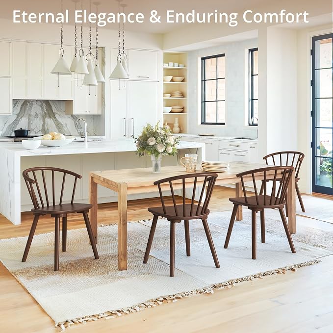 LUE BONA Walnut Dining Chairs Set of 2, Farmhouse Wood Dining Chairs with Semicircular Backrest, Spindle Dining Chair for Kitchen and Dining Room, 18 Inch