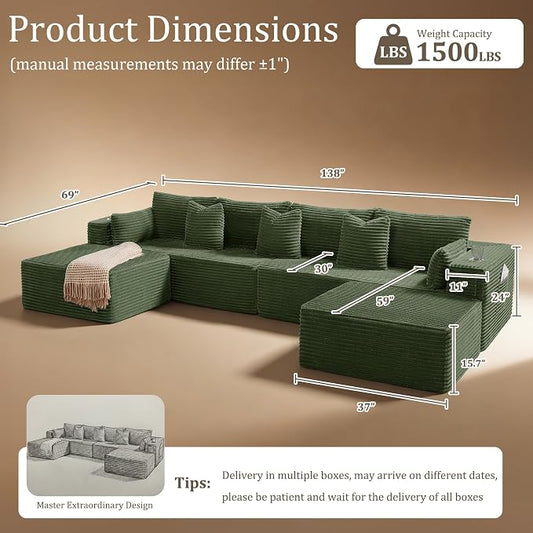 138" Cloud Sectional Couch, Comfort U Shaped Sofa for Living Room, Extra Deep Seats No Assembly, Minimalist Modular Couch, Corduroy (Olive Green, 6 Seats,U-Shape A)