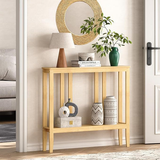 ELYKEN Bamboo 2-Tier Narrow Console Table, 36.2" Long Slim Sofa Table Behind Couch for Entryway, Hallway, Living Room, Natural