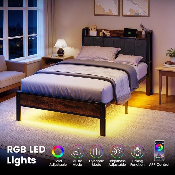 Liians Twin Size Bed Frame with Wood Storage Headboard and USB Charging Station, Smart LED Lights, Metal Platform Bed Frames Easy Assembly, Noise Free, No Box Spring Needed