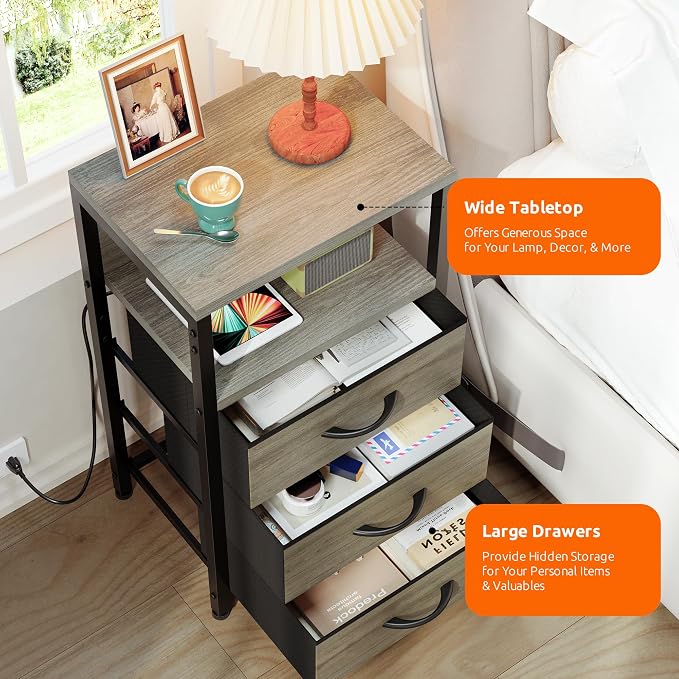 Lazzanto NightStand Bedside Charging Table Bedroom - Night Stand with Charger Station, Modern Nightstand with Open Shelf & 3 Fabric Drawers, End Table with USB-C USB Ports & AC Outlets for Dorm, Grey