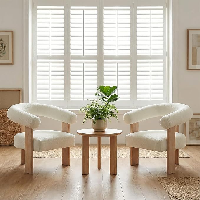 VKNOW Accent Chair Living Room Chair, Modern Upholstered Arm Chair with Solid Wood Legs, Comfy Barrel Accent Chair for Living Room, Bedroom, Cream