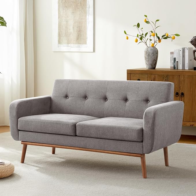 HUIMO Sofa Couch, Mid Century Modern Sofa with Solid Wood Frame, Button Tufted Couch for Bedroom, Living Room, Office, Apartment (Dark Grey, 60 inch)
