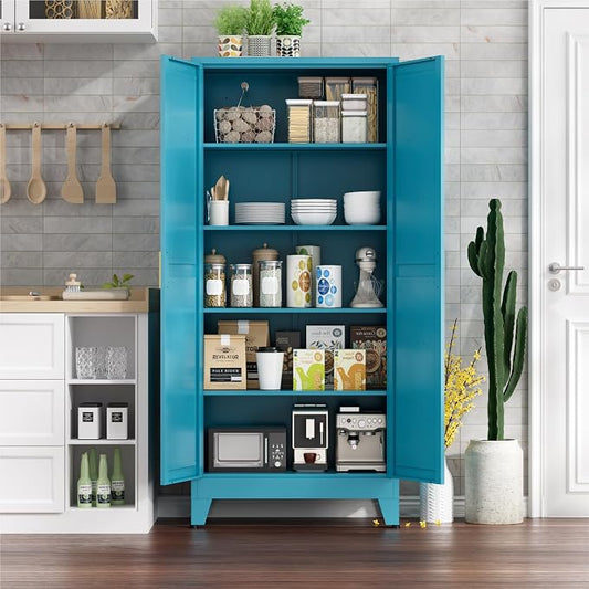 Farmhouse Pantry Cabinet with Barn Doors, 71" H x 31.5" W, 5-Tier Metal Storage Cabinet with 4 Adjustable Shelves for Kitchen Garage Dining Room,Blue 1 Pack